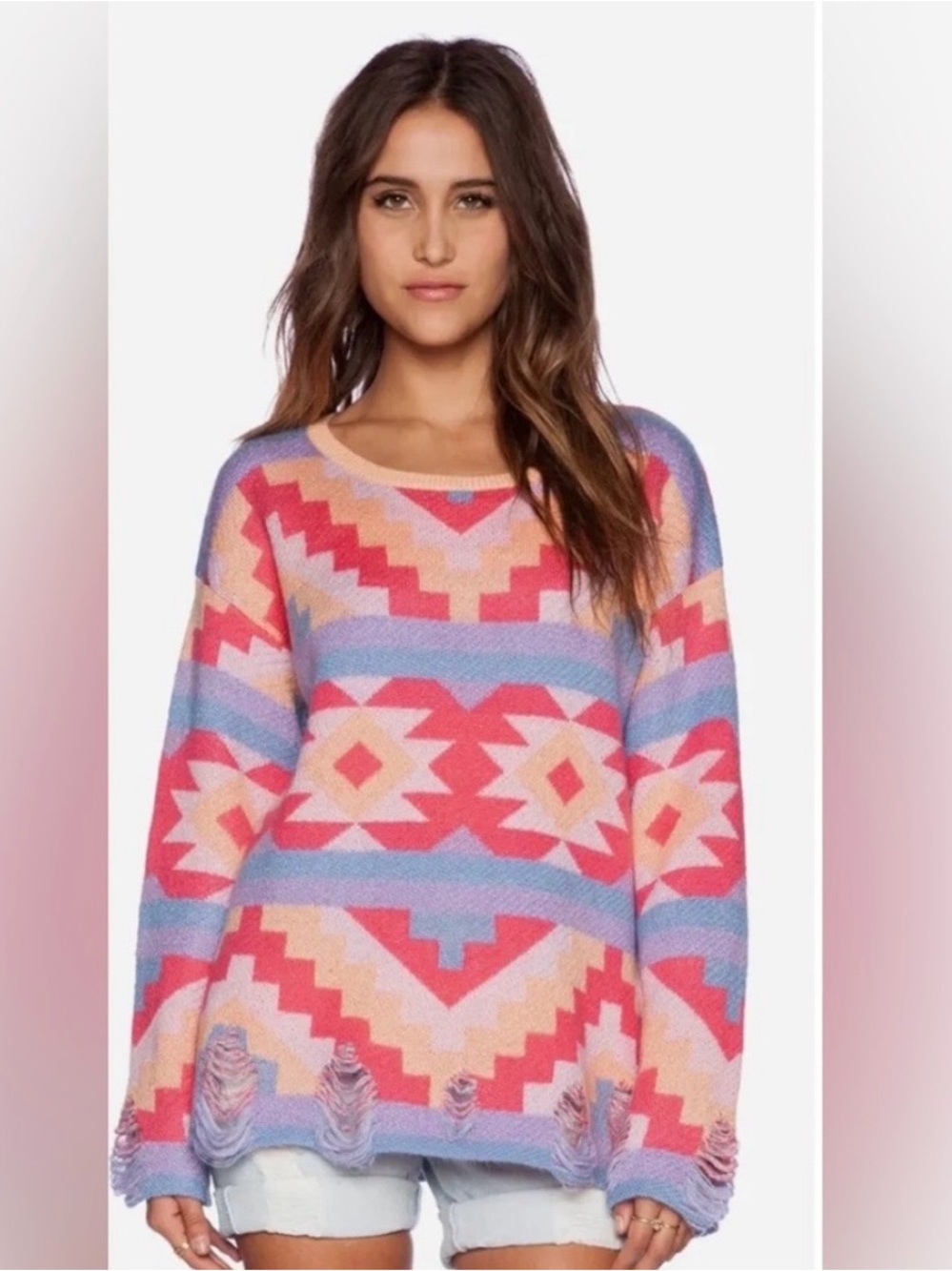 Wildfox White Label Sz M neon Aztec print Sweater oversized distressed